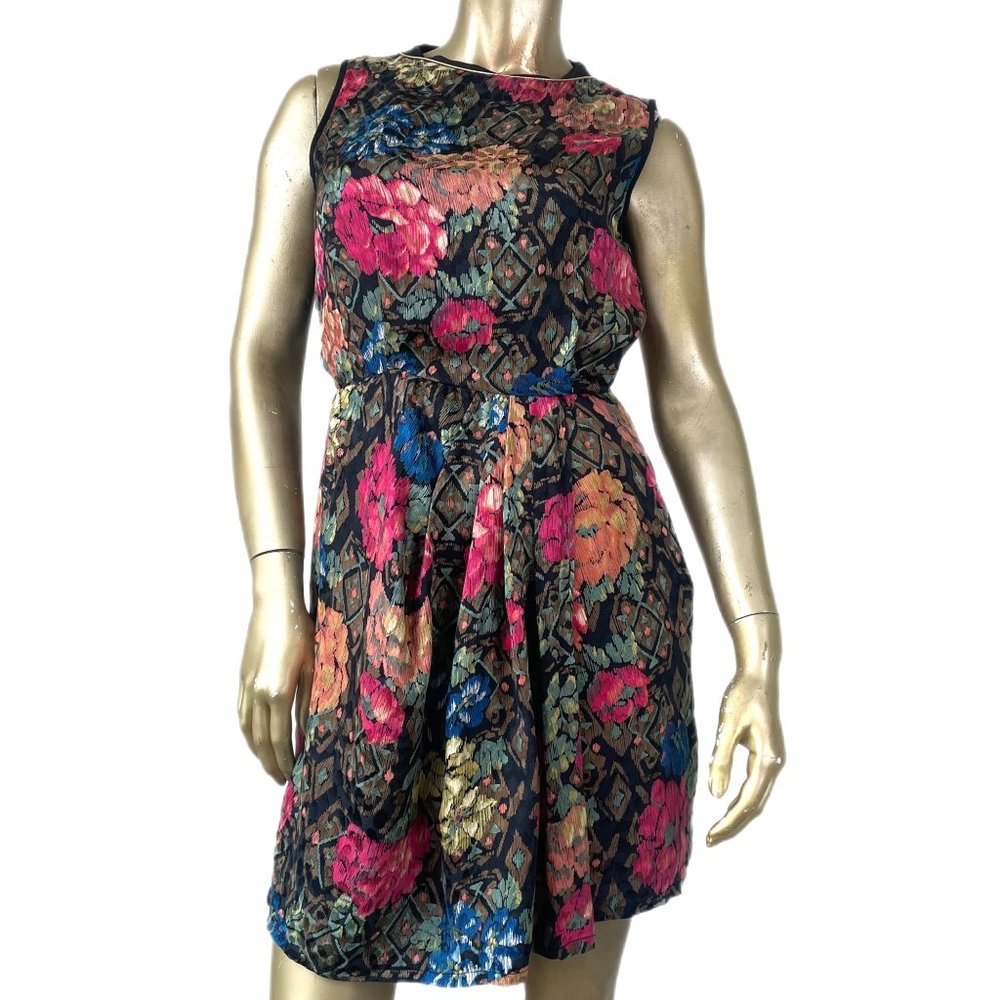 VINTAGE LOUIS FERAUD MULTI-COLOR FLORAL PLEATED SLEEVELESS MINI DRESS